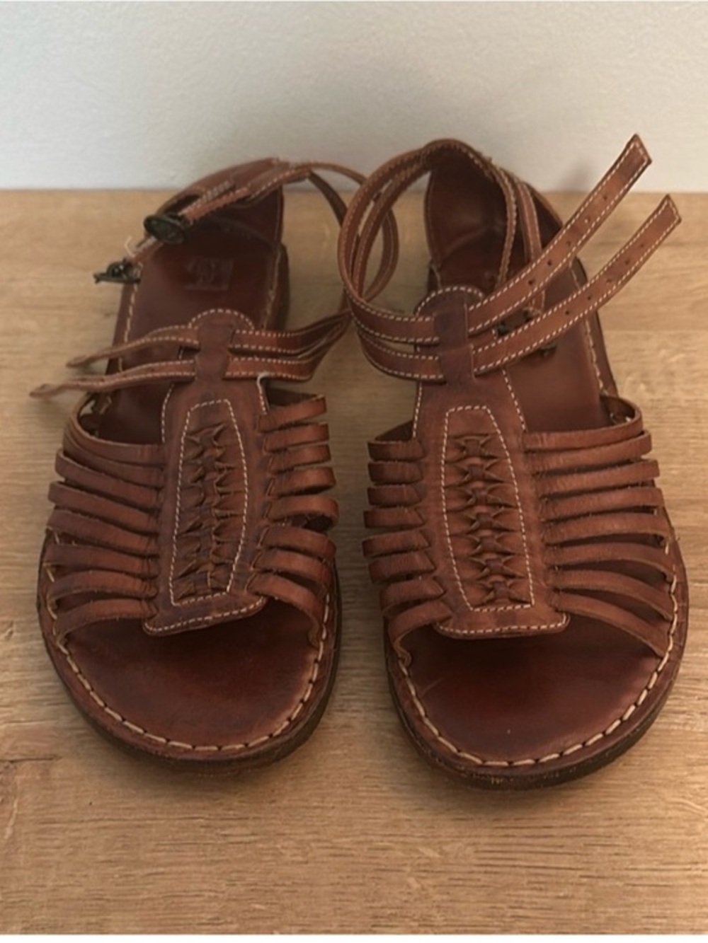 Frye Kayla Huarache Sandals Woven Leather Brown Orange